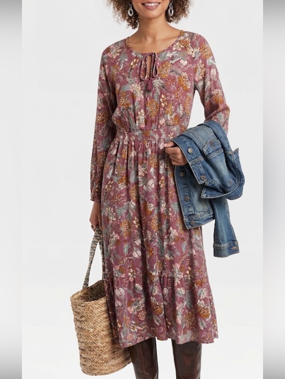 Knox Rose Mauve Floral Long Sleeve Midi Dress
